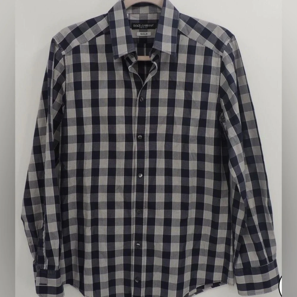🛑 1 hour sale. Dolce & Gabbana, size 15.5, Men's Navy & White Plaid, gold label - Picture 2 of 10